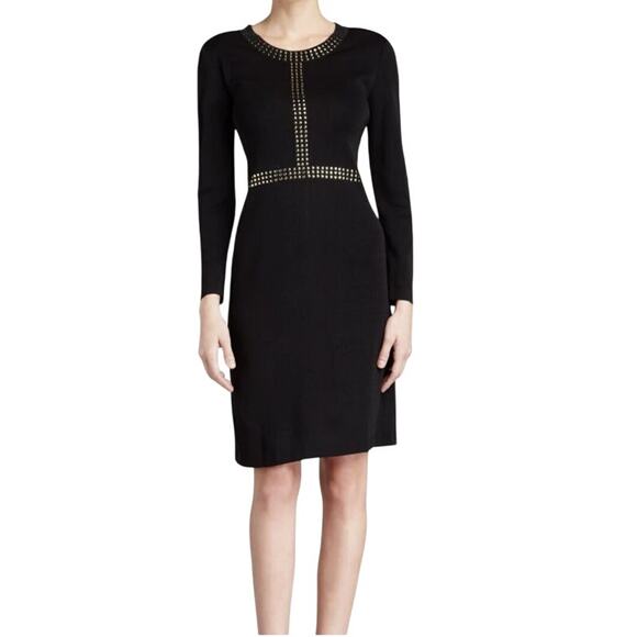 MISOOK Black Knit Long Sleeve Sheath Dress Gold Studs Cocktail Women's Medium - Picture 1 of 9